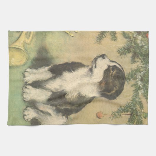 クリスマスツリーの下でヴィンテージクリスマス、かわいい子犬 キッチンタオル (横)