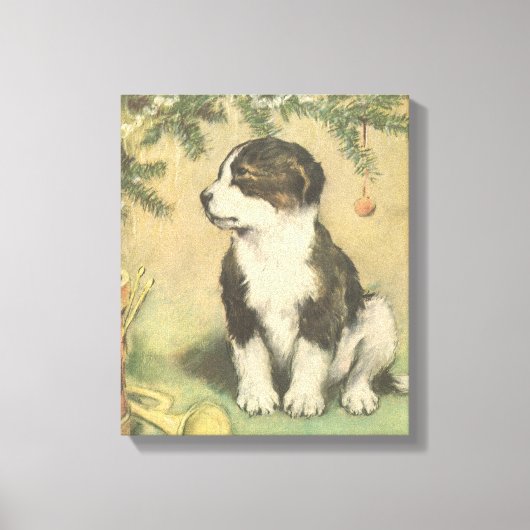 クリスマスツリーの下でヴィンテージクリスマス、かわいい子犬 キャンバスプリント (正面)