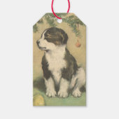 クリスマスツリーの下でヴィンテージクリスマス、かわいい子犬 ギフトタグ (正面)