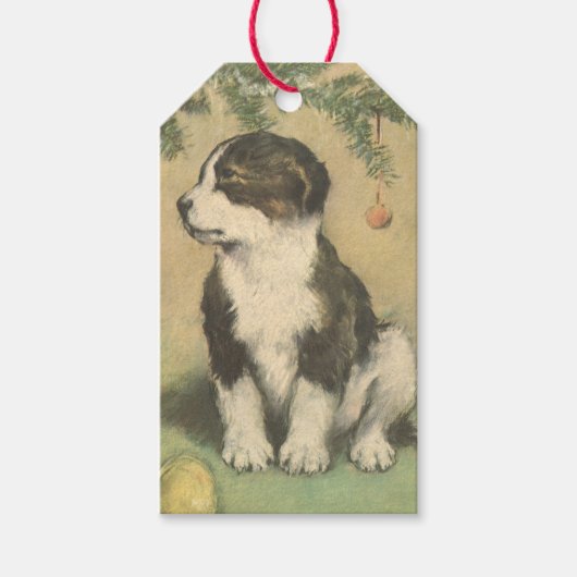 クリスマスツリーの下でヴィンテージクリスマス、かわいい子犬 ギフトタグ (正面)
