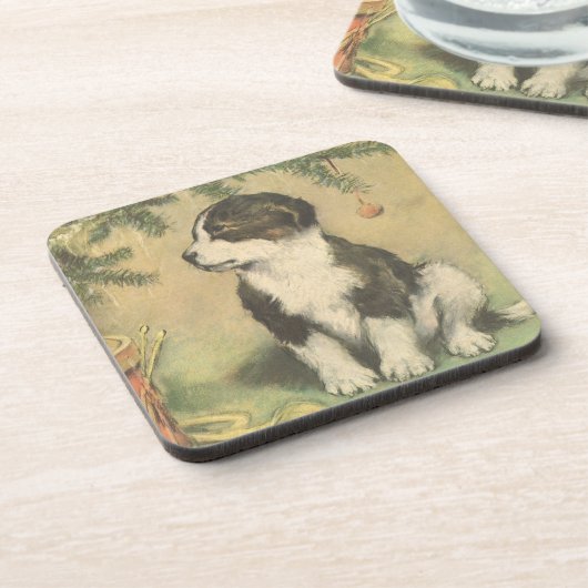 クリスマスツリーの下でヴィンテージクリスマス、かわいい子犬 コースター (左側)