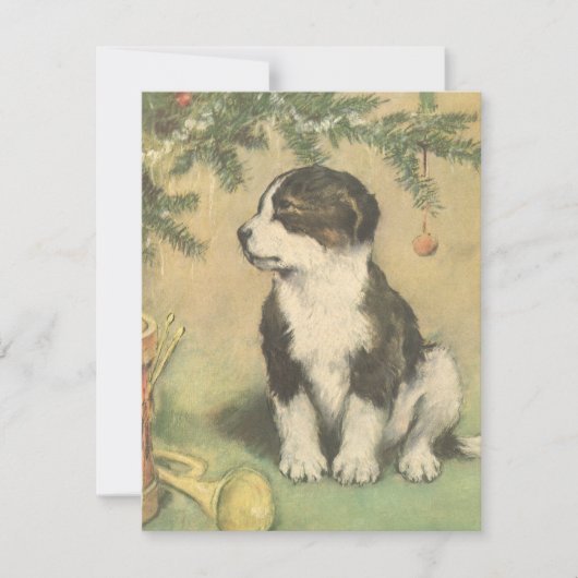 クリスマスツリーの下でヴィンテージクリスマス、かわいい子犬 シーズンカード (正面)