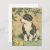 クリスマスツリーの下でヴィンテージクリスマス、かわいい子犬 シーズンカード (正面/裏面)