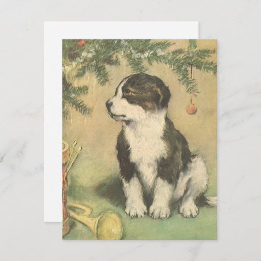 クリスマスツリーの下でヴィンテージクリスマス、かわいい子犬 シーズンカード (正面/裏面)