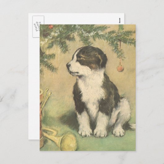 クリスマスツリーの下でヴィンテージクリスマス、かわいい子犬 シーズンポストカード (正面/裏面)