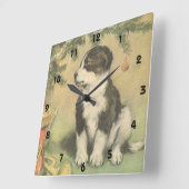 クリスマスツリーの下でヴィンテージクリスマス、かわいい子犬 スクエア壁時計 (傾斜)