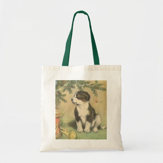 クリスマスツリーの下でヴィンテージクリスマス、かわいい子犬 トートバッグ (正面)