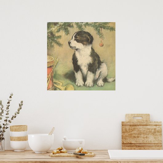 クリスマスツリーの下でヴィンテージクリスマス、かわいい子犬 ポスター (キッチン)