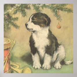 クリスマスツリーの下でヴィンテージクリスマス、かわいい子犬 ポスター