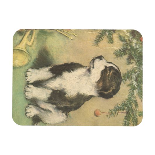 クリスマスツリーの下でヴィンテージクリスマス、かわいい子犬 マグネット (横)