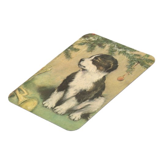 クリスマスツリーの下でヴィンテージクリスマス、かわいい子犬 マグネット (左側)