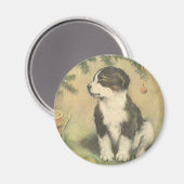 クリスマスツリーの下でヴィンテージクリスマス、かわいい子犬 マグネット (正面/裏面)