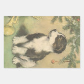 クリスマスツリーの下でヴィンテージクリスマス、かわいい子犬 ラッピングペーパーシート (正面2)