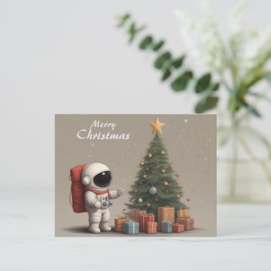 クリスマスツリーの下で秘密の宇宙飛行士のサンタの贈り物 シーズンポストカード (スタンド正面)
