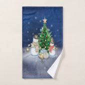 クリスマスツリーの下で贈り物を持つ雪だるま バスタオルセット (ハンドタオル)
