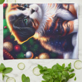 クリスマスツリーの下にかわいい子犬と猫 キッチンタオル (折り畳み)