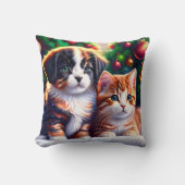 クリスマスツリーの下にかわいい子犬と猫 クッション (正面)