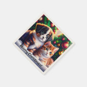 クリスマスツリーの下にかわいい子犬と猫 スタンダードカクテルナプキン (角)
