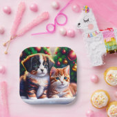 クリスマスツリーの下にかわいい子犬と猫 ペーパープレート (パーティー)