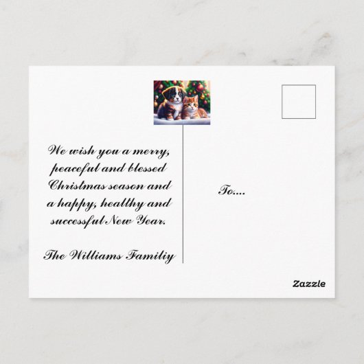 クリスマスツリーの下にかわいい子犬と猫 ポストカード (裏面)