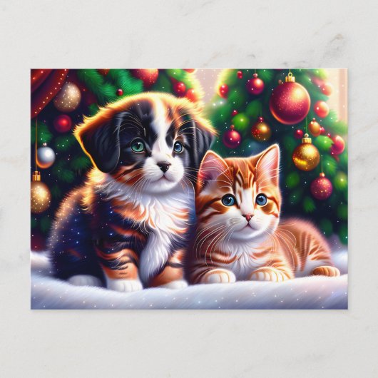 クリスマスツリーの下にかわいい子犬と猫 ポストカード (正面)