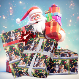 クリスマスツリーの下にかわいい子犬と猫 ラッピングペーパー