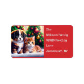 クリスマスツリーの下にかわいい子犬と猫 ラベル (正面)