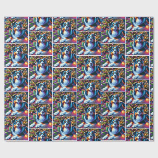 クリスマスツリーの下のオーストラリアの羊飼い犬 ラッピングペーパー (フラット)