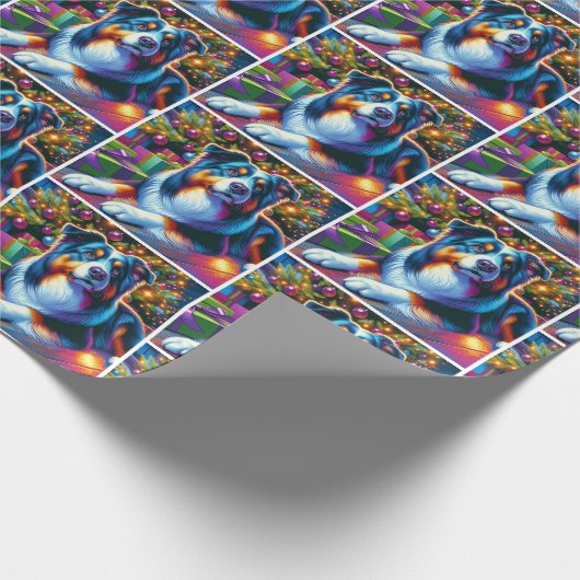 クリスマスツリーの下のオーストラリアの羊飼い犬 ラッピングペーパー (角)