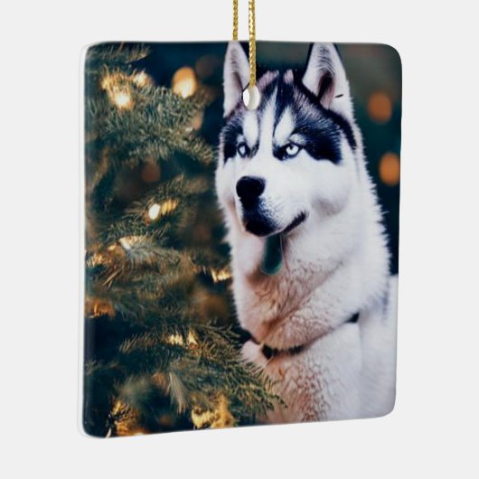 クリスマスツリーの下のシベリアのハスキー セラミックオーナメント (右)
