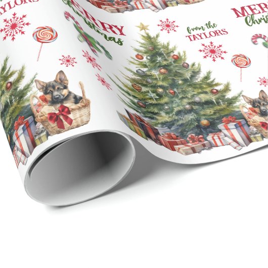 クリスマスツリーの下のドイツの羊飼いバスケット ラッピングペーパー (ロールコーナー)