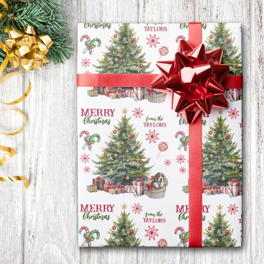 クリスマスツリーの下のビーグルの子犬 ラッピングペーパー