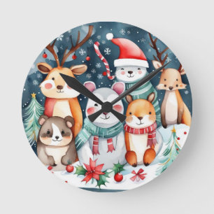 クリスマスツリーの下の可愛い動物のデザイン ラウンド壁時計