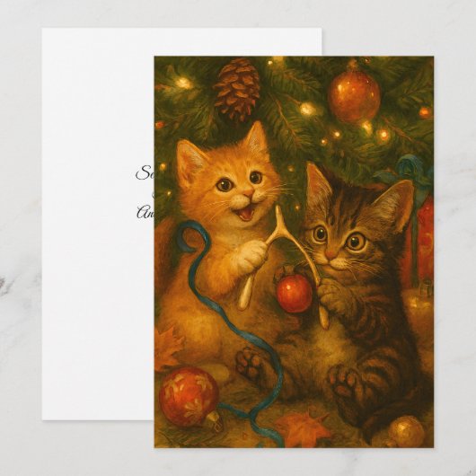 クリスマスツリーの下の子猫と七面鳥の幸運の骨 シーズンカード (正面/裏面)
