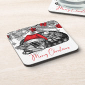 クリスマスツリーの下の子猫のスケッチオーナメント コースター (左側)