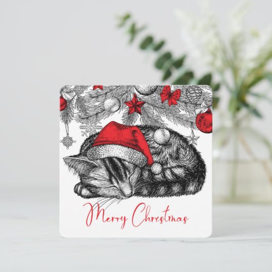 クリスマスツリーの下の子猫のスケッチオーナメント シーズンカード (スタンド正面)