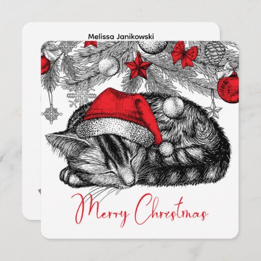 クリスマスツリーの下の子猫のスケッチオーナメント シーズンカード (正面/裏面)