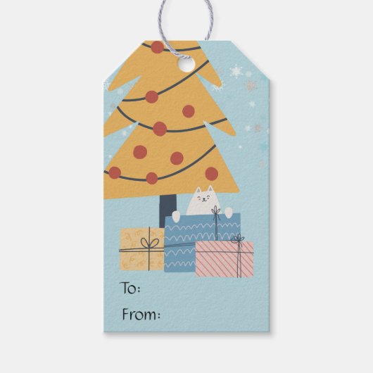 クリスマスツリーの下の白い猫プレゼントギフトGif ギフトタグ (正面)