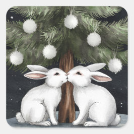 クリスマスツリーの下キスをするに2羽の白うさぎ スクエアシール