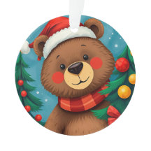 クリスマスツリーの中でサンタハットにクマ