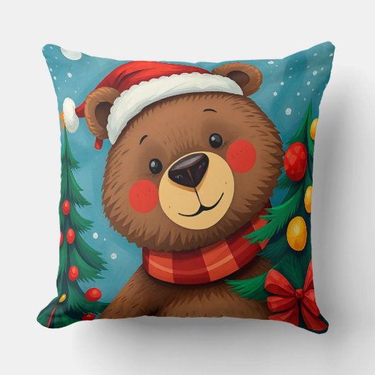 クリスマスツリーの中でサンタハットにクマ クッション (正面)