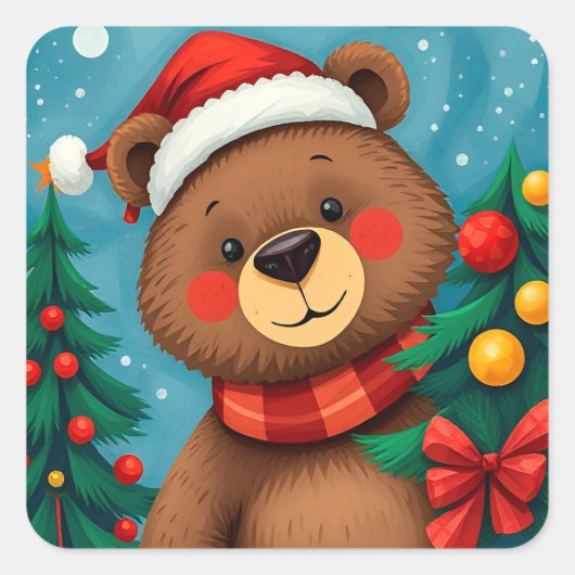 クリスマスツリーの中でサンタハットにクマ スクエアシール (正面)