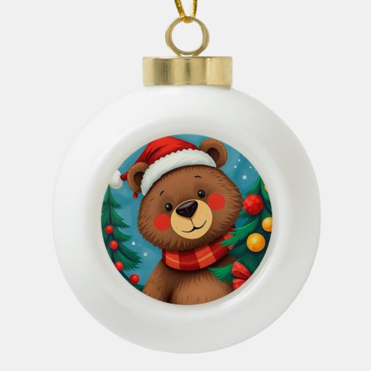 クリスマスツリーの中でサンタハットにクマ セラミックボールオーナメント (正面)