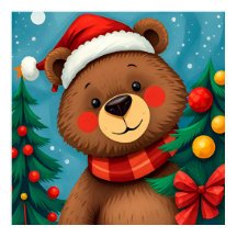 クリスマスツリーの中でサンタハットにクマ