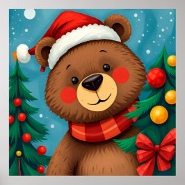 クリスマスツリーの中でサンタハットにクマ ポスター
