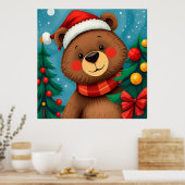 クリスマスツリーの中でサンタハットにクマ ポスター (キッチン)