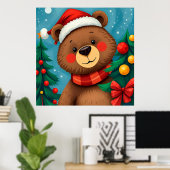 クリスマスツリーの中でサンタハットにクマ ポスター (ホームオフィス)