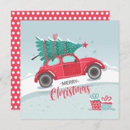 クリスマスツリーの乗った赤い車の平らなクリスマスカード