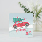 クリスマスツリーの乗った赤い車の平らなクリスマスカード (スタンド正面)