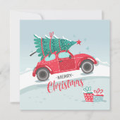 クリスマスツリーの乗った赤い車の平らなクリスマスカード (正面)